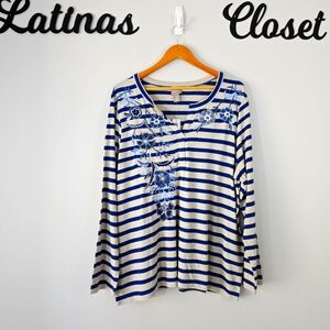 NEW‎ Chico's Striped Floral Embroidered Notch Neck Long Sleeve Top Size XXL